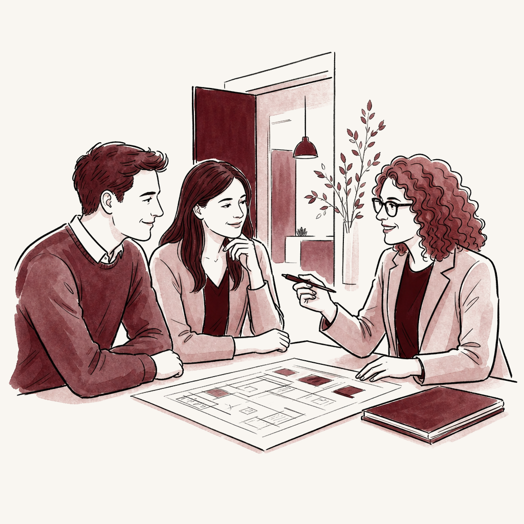 Consulente Il Lupo Antico che illustra un progetto a una coppia di clienti