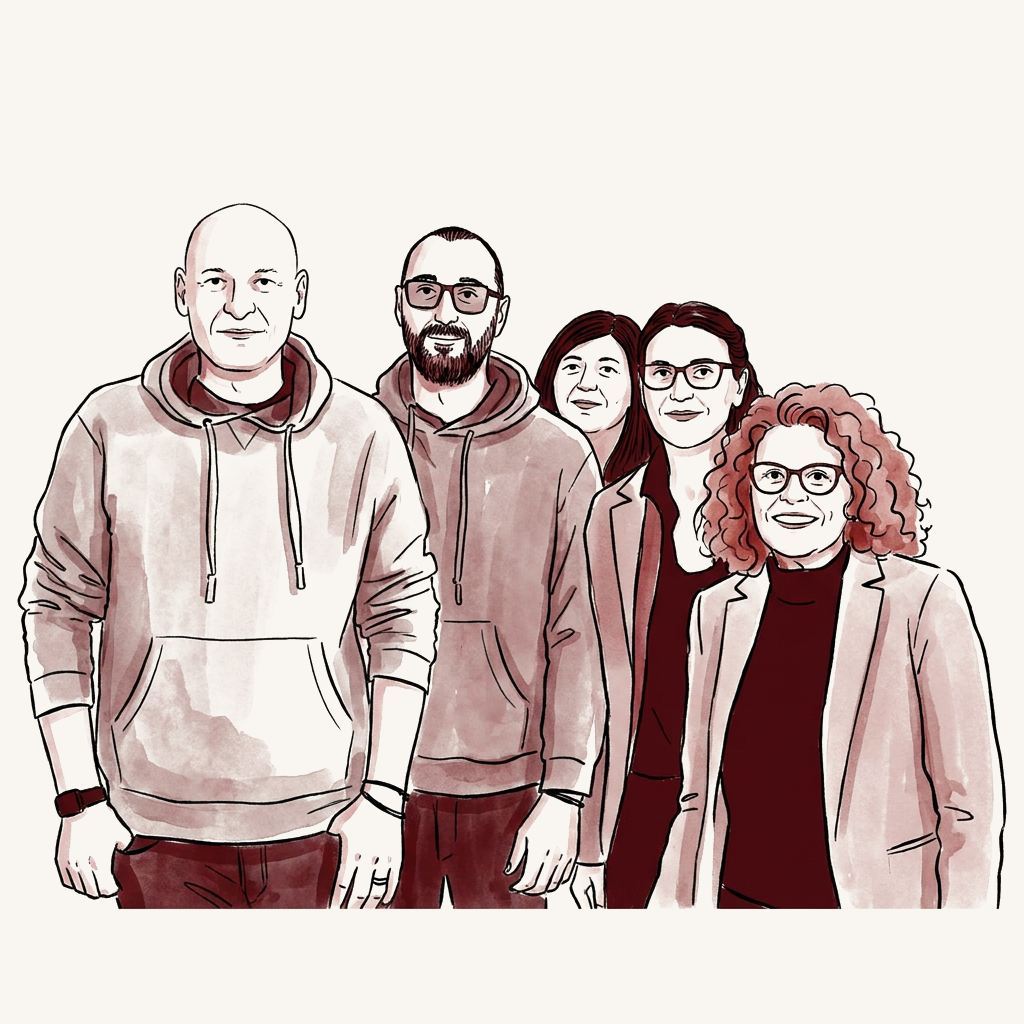 Illustrazione di un interno essenziale con finestra, consolle e sedia