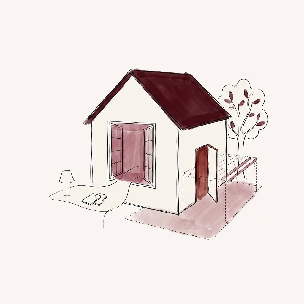 Illustrazione di una casa con serramenti, porte e spazi outdoor