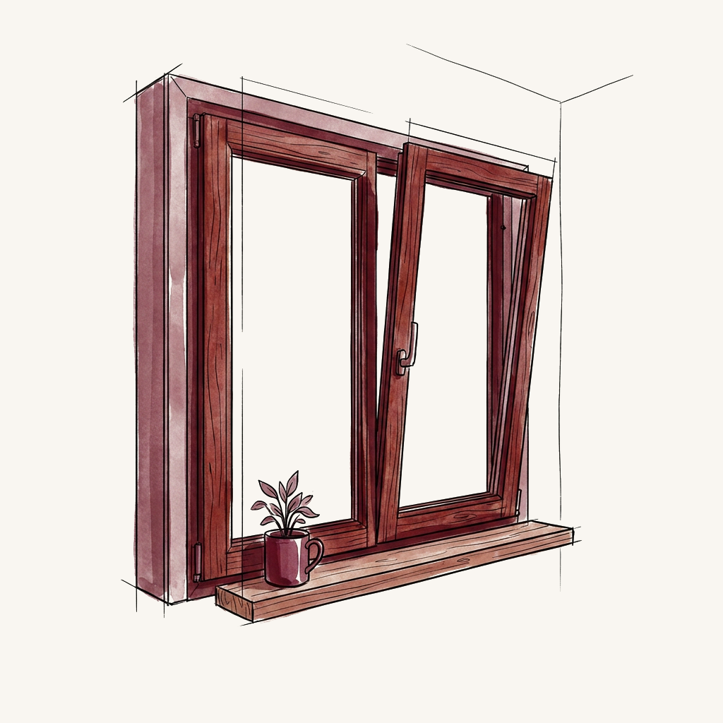 Illustrazione di una finestra in legno-alluminio con vaso sul davanzale